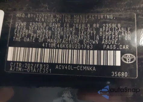 2008 Toyota Camry from USA, damaged, VIN 4T1BE46K68U201783